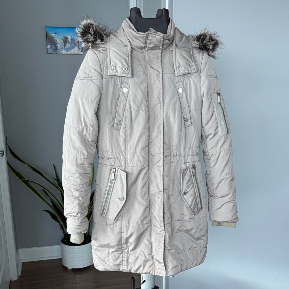 BCBGeneration Light Gray Puffer Coat with Faux Fur